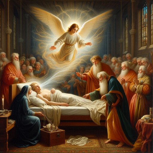 Simon Magus History: full of holy spirit. An angel floating in the air above the bed.
