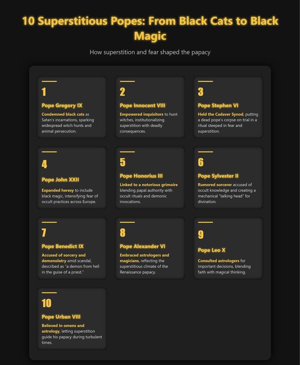 Infographic with 10 Superstitious Popes: From Black Cats to Black Magic
