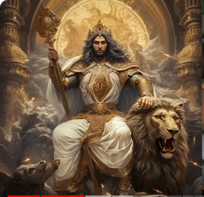 Fictional Gods vs Yahweh: Mithra god sitting on a throne holding a scepter in one hand with a lion sittin on the floor next to him.
