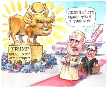 Trump's golden calf statue with a pope passing by and commenting on him. .