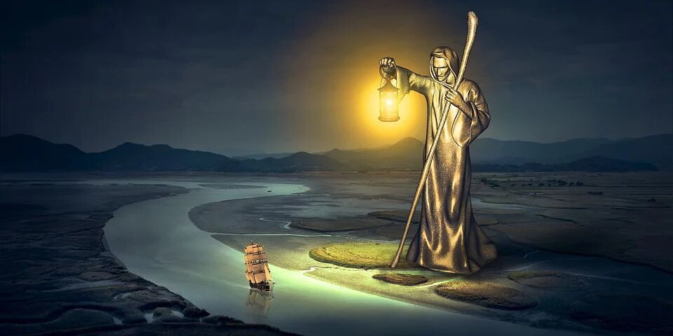 A dream statue holding a light above the passing boat on the river. Dreams are not just personal fantasies, they allow us to learn and use lucid dreaming for space travel. In lucid dreams, we can meet the inhabitants of other planets in our cosmos