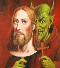 Satan behind the Jesus's mask holding a red cross in his hand.