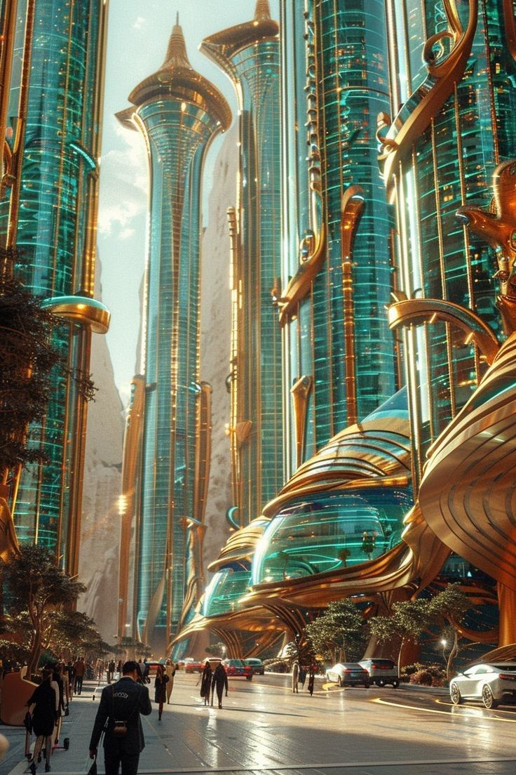 A futuristic city with the golden buildings.