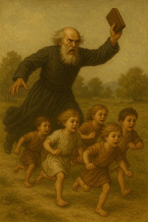 How the Atheist vs Theist Debate Tactics Shape Our Understanding of Faith and Reason Priest with the bible running after kids.