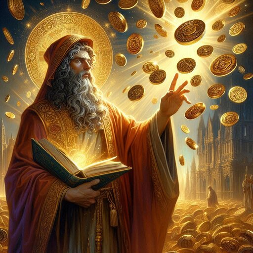 Simon Magus holding a magic book with golden coins in the air.