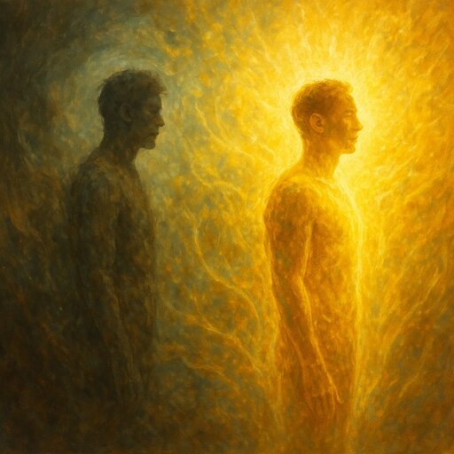 Transformation from darkness to light - dark man and a man in light.
