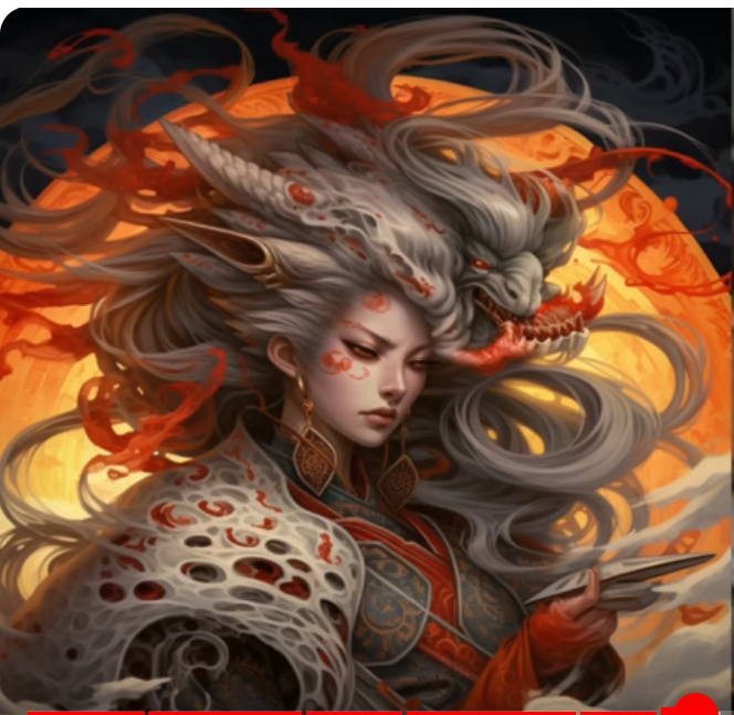 God Amaterasu with wild hair and ethnic clothes.