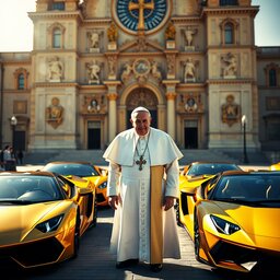 Pope Francis in front of the super luxurious cars.