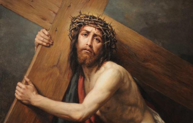 god addiction: Jesus carrying a cross with a thorny crown.