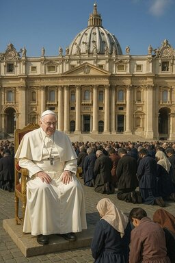 Pope Francis sitting on the throne, believers kneeling before him, Vatican church behind. 