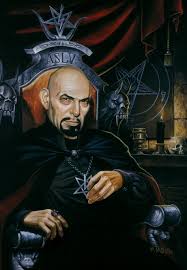 Anton Lavey, author of The Satanic Bible, sitting on the throne.