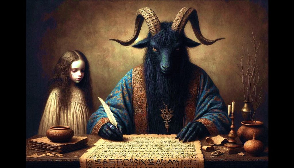 Satan: Dark Lord of Evil, Hell, and Eternal Damnation - Satan and a girl at the table, writing. 