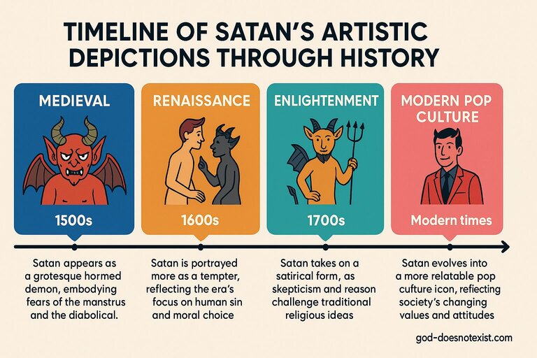Satan: The Dark Lord of Evil - Infographic timeline illustrating the evolution of Satan’s imagery from the 1500s to the present—featuring a horned, monstrous demon of medieval fear; a seductive tempter from Renaissance moral allegories; a satirical, Enlightenment-era figure mocking religious authority; and a modern cultural icon blending rebellion, glamor, and irony. Each visual reflects shifting societal anxieties—from divine punishment to institutional critique to pop symbolism.
