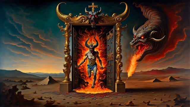Satan running through the doors of hell. 