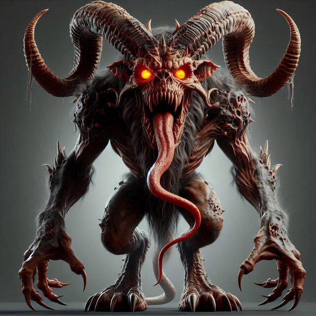 Grotesque monster with giant horns, large hands, glowing eyes, and big tongue. 