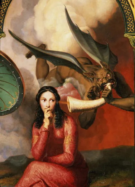 Satan whispering to a woman in red clothes. 