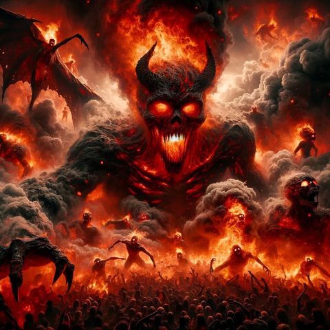 Satan with glowing eyes chasing humans. 