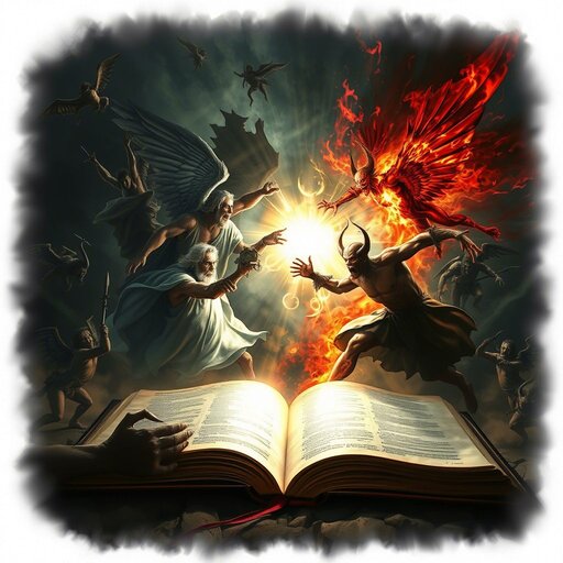 Satan: Dark Lord of Evil, Hell, and Damnation - Yahweh and Satan fighting above the Bible with angels and demons all around them. 