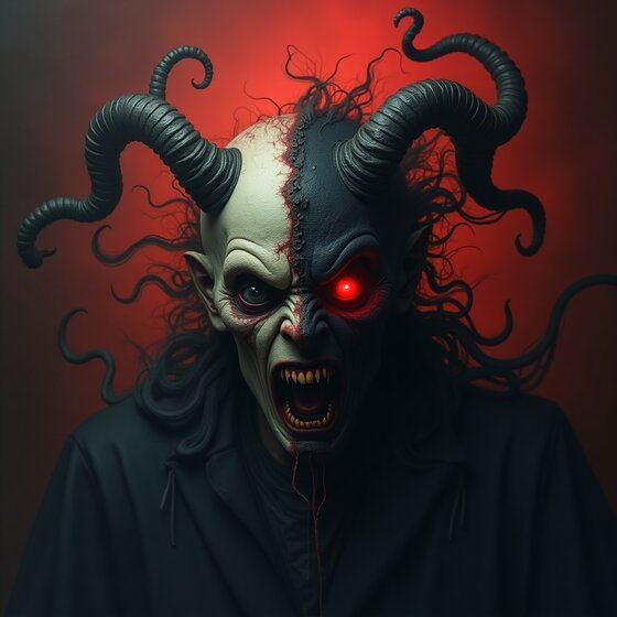 Satan: The Dark Lord of Evil - Explore an abstract, dual-faced entity that symbolizes the conflict between divine authority and chaotic rebellion, Yahweh and Satan. 