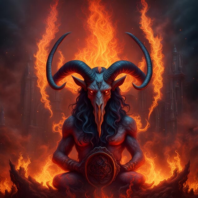 Satan: The Dark Lord of Evil, with big horns, sitting in the hell of fire. 