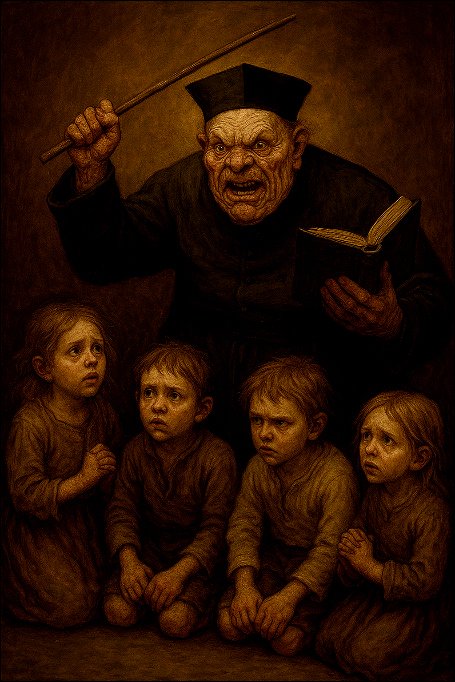 Atheism FAQ: Senad Dizdarevic Guide to Understanding Why God Does Not Exist Angry priest and children on their knees.