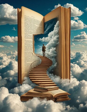 A mans walking on the stairways through a book to heaven.