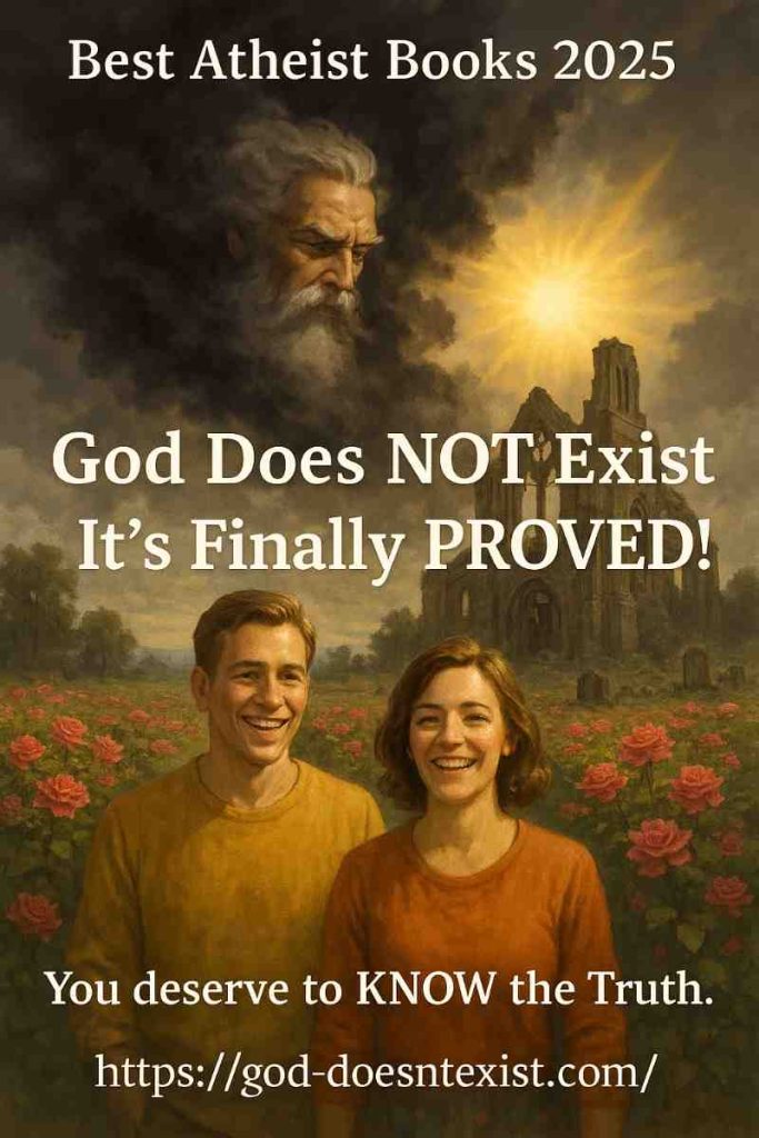 Best Atheist Books 2025: God Does NOT Exist It's Finally PROVED! God disappearing in black cloud, old church in ruins, happy couple in rose garden.