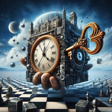 Dream scene with a hand holding a city as a big clock above the chess board.