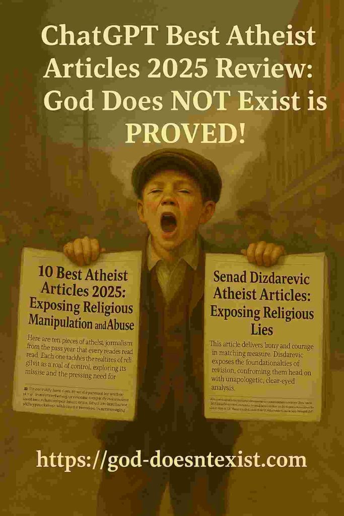 ChatGPT Best Atheist Articles 2025 Review: God Does NOT Exist is PROVED! A young newspaper boy holding two newspapers shouting "Read all about it!" on a busy street.