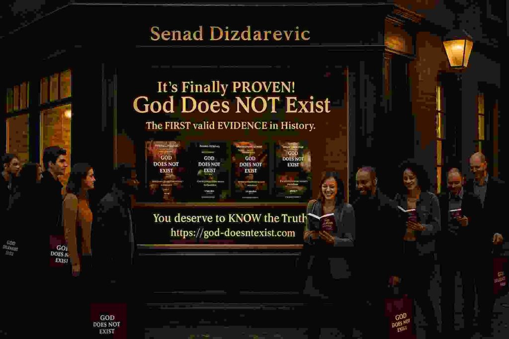 ChatGPT Best Atheist Books 2025 Review: The First Proof God Doesn’t Exist People in front of the bookstore reading Senad Dizdarevic's books.