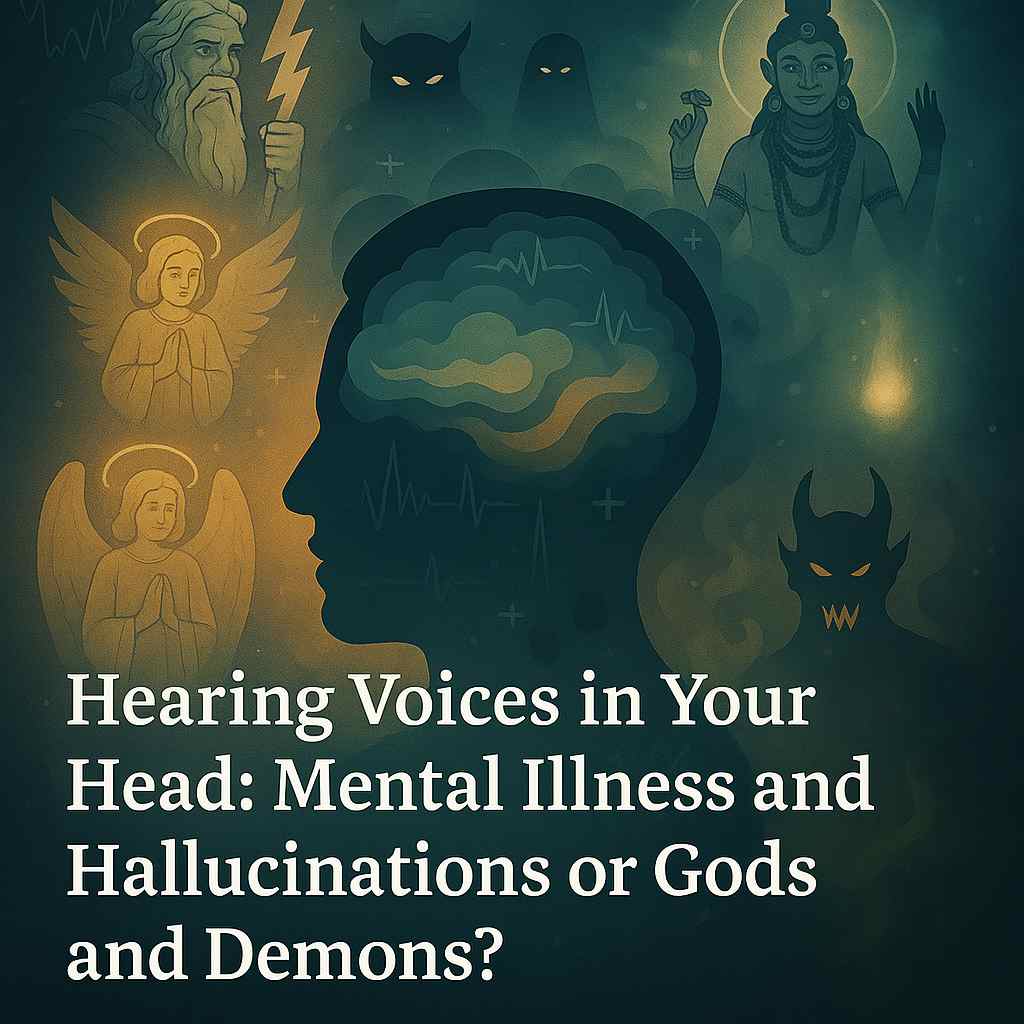 Hearing Voices in Your Head: Mental Illness and Hallucinations or Gods and Demons? A man with sound waves in his head surrounded with the supernatural beings, angels and demons. 