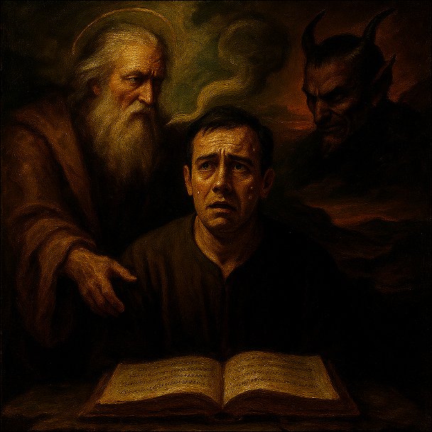 God and Satan speaking to a man. 
