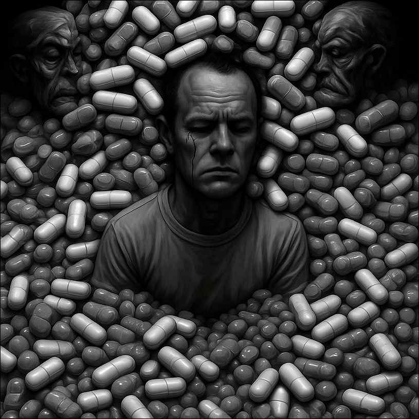 A man drowning in pills, with two demons at his side. 