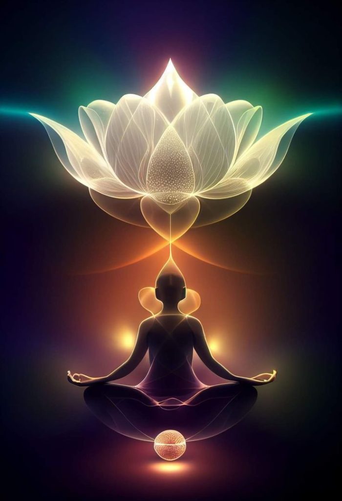 A person meditating under the big energy rose. 