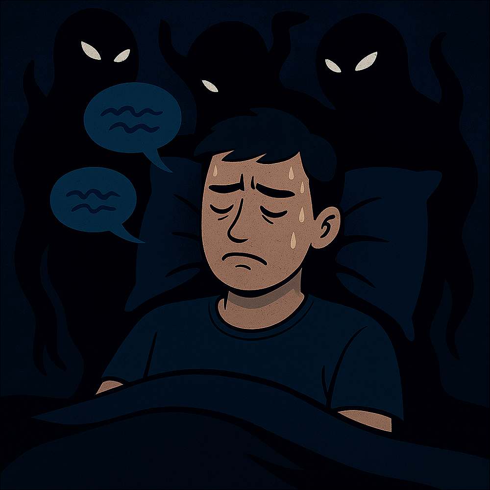 Hearing Voices in Your Head: Mental Illness and Hallucinations or Gods and Demons? Boy sleeping with creatures in the dark around him. 