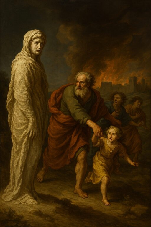 Lot's wife turned to salt while others are running scare out of the city.