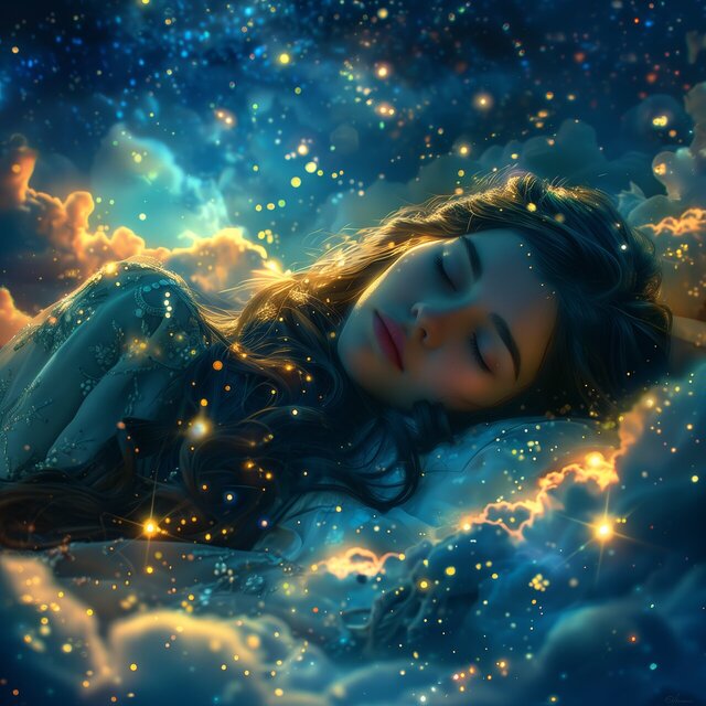 A woman sleeping and dreaming in space.