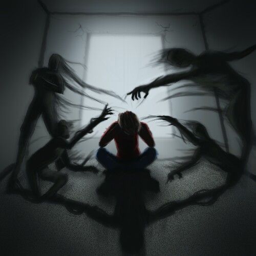 Dark karmic ghosts attacking human on the floor.