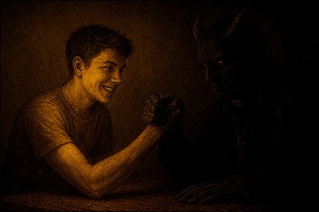 A young atheist arm wrestling a demon priest.