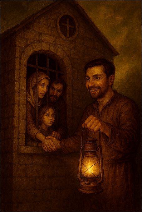 Atheism FAQ: Senad Dizdarevic Guide to Understanding Why God Does Not Exist A man helping a family out a of the church prison.