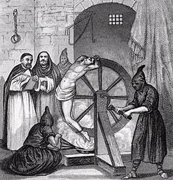 Inquisitors torturing man on a wheel.