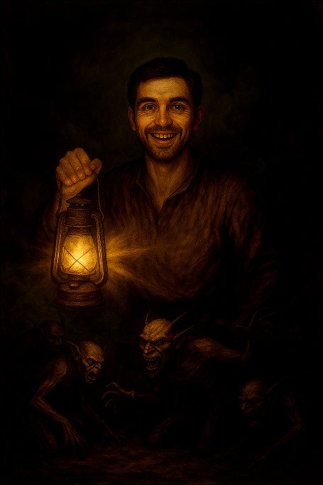 Atheism FAQ: Senad Dizdarevic Guide to Understanding Why God Does Not Exist A smiling man bringing light into darkness full of demons.