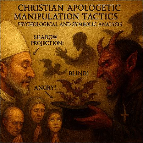Christian Apologetic Manipulation Tactics: Demon angrily shouting at calm man.