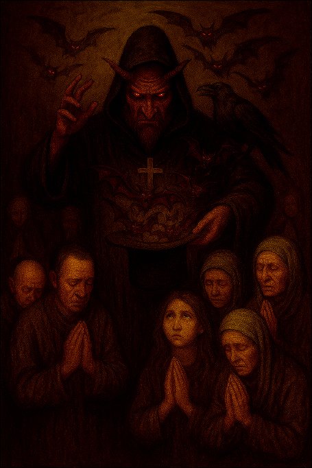 Christian magician pulling demons out of the hat with believers on their knees.