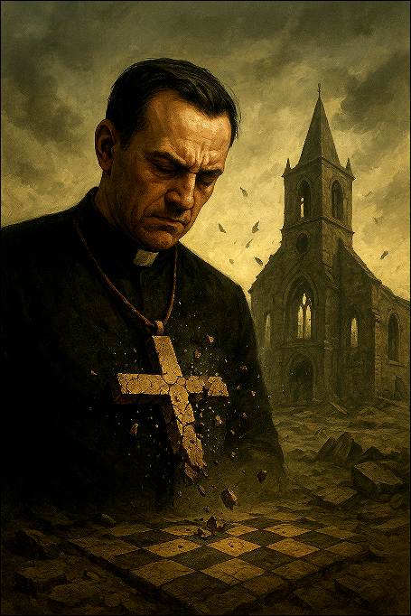 Dark priest falling a part in front of the old church in ruins