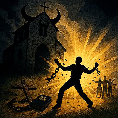 How to Leave My Religion Guide: A man standing in front of the church breaking chains, a cross and the bible on the ground.