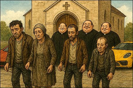 How to Leave My Religion Guide: Disappointed and poor believers in bad clothes, coming out of the church with their empty pockets hanging out of their trousers, while fat priests behind them are smiling with fatty cheeks, and parked super-sport cars near the church.