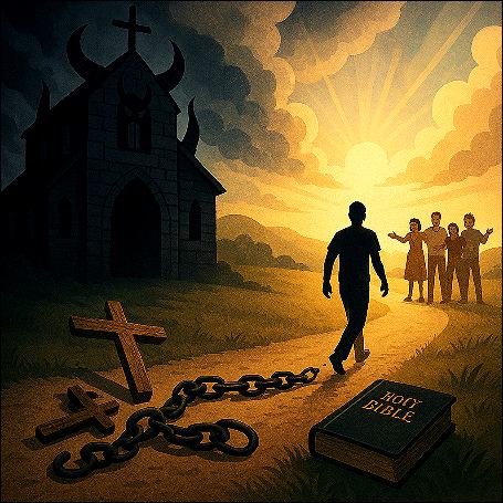 How to Leave My Religion Guide: A person walking away from a dark, sinister, demonish heavy stone church in the background, leaving behind chains that fall to the ground, a wooden cross, and the bible. Ahead, the path opens into a bright horizon with sunlight breaking through clouds. Along the way, the person sees a supportive group of people waiting with open arms. The scene represents freedom, self-discovery, and positive transition. The mood is hopeful, empowering, and inspirational.