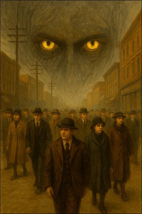 How to Leave My Religion Guide: Humans on the street with a big controller's face behind them watching them.