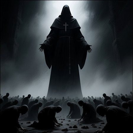 James Dobson’s Death Exposes the Manipulative Empire Behind Focus on the Family’s Religious Control. Dark giant figure with cross and believers on their knees bellow.